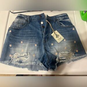 blue jean shorts w flowers. high waisted. NWT. S